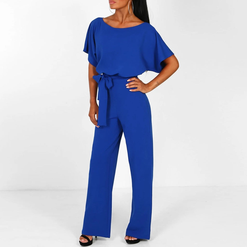 Damen Jumpsuit mit Bindegürtel - Weites Bein mit Flügelärmeln