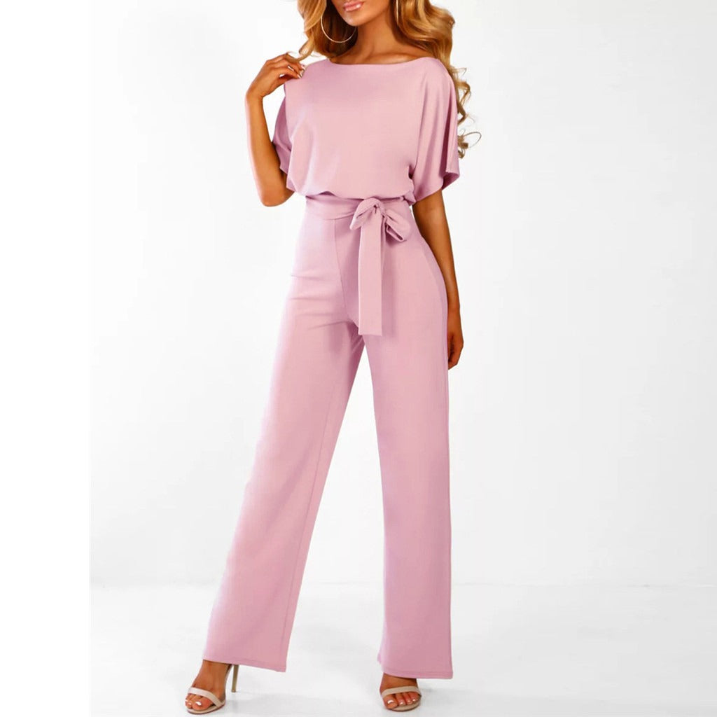 Damen Jumpsuit mit Bindegürtel - Weites Bein mit Flügelärmeln