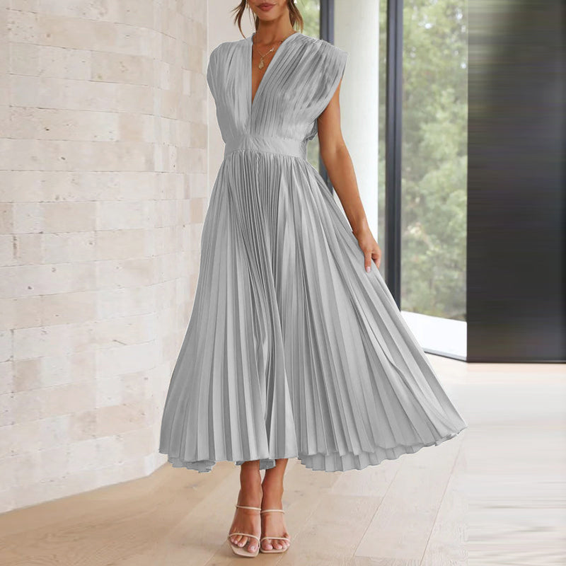 Damen Plissee-Midikleid - Hohe Taille mit Tiefem V-Ausschnitt