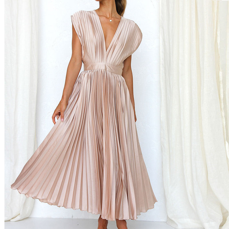 Damen Plissee-Midikleid - Hohe Taille mit Tiefem V-Ausschnitt