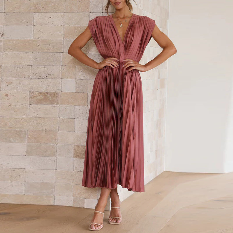 Damen Plissee-Midikleid - Hohe Taille mit Tiefem V-Ausschnitt