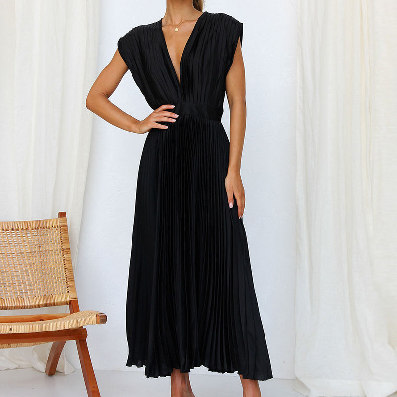 Damen Plissee-Midikleid - Hohe Taille mit Tiefem V-Ausschnitt