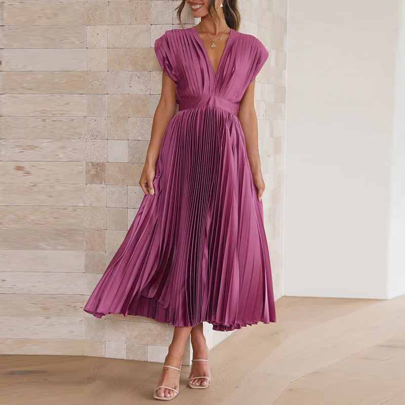 Damen Plissee-Midikleid - Hohe Taille mit Tiefem V-Ausschnitt