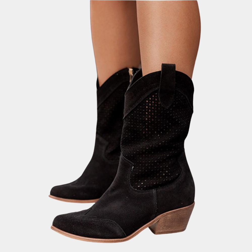 Damen Perforierte Westernstiefel Blockabsatz und Anziehlaschen