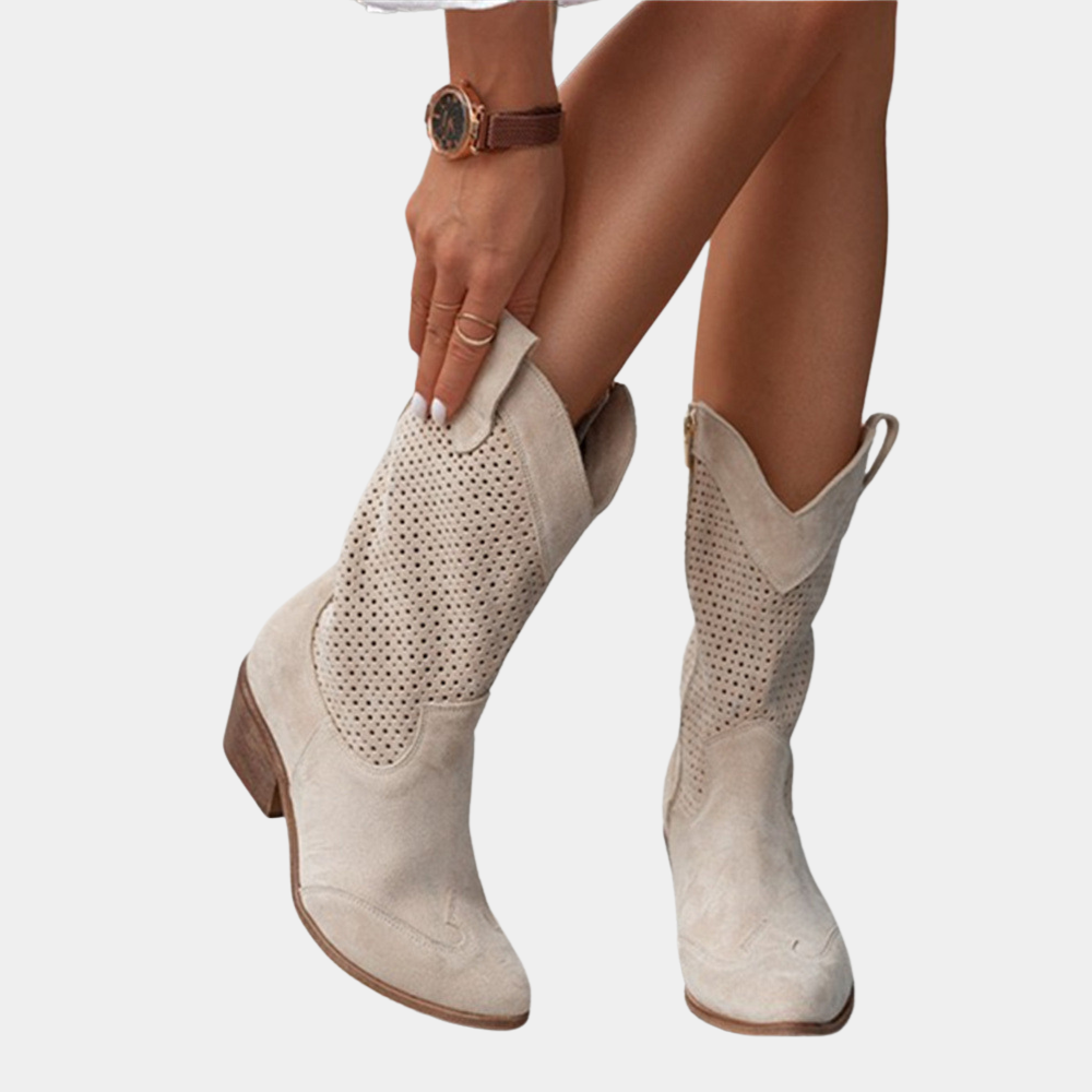 Damen Perforierte Westernstiefel Blockabsatz und Anziehlaschen