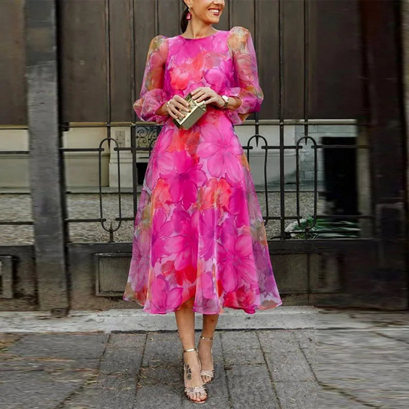 Damen Hochzeitsgast Midikleid Florales Festliches Design und Elegante Silhouette