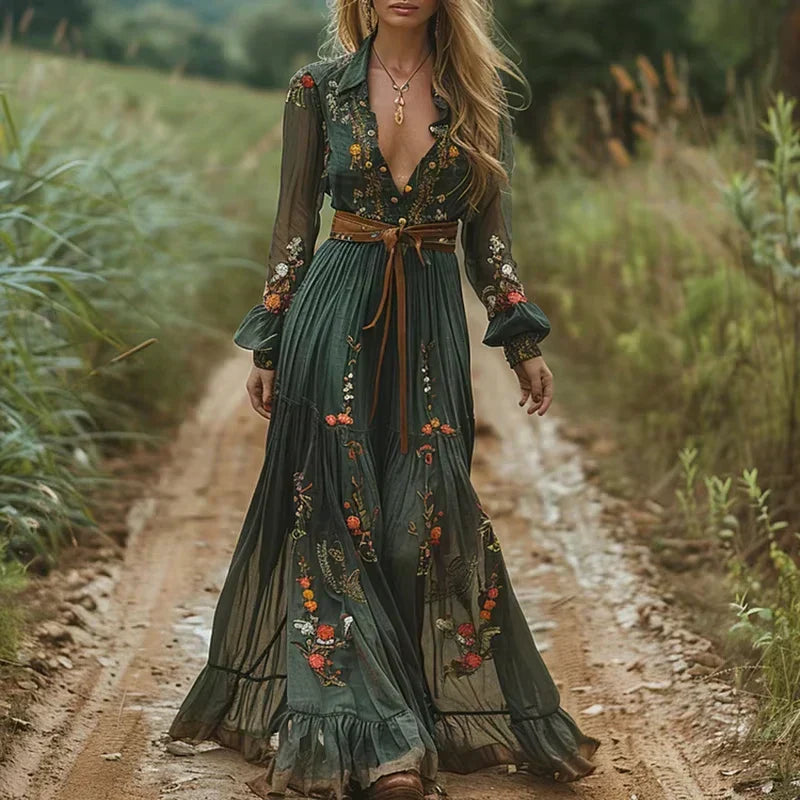 Damen Maxikleid Boho Sommer Langarm Festliches Blumenkleid