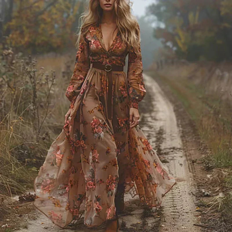 Damen Maxikleid Boho Sommer Langarm Festliches Blumenkleid