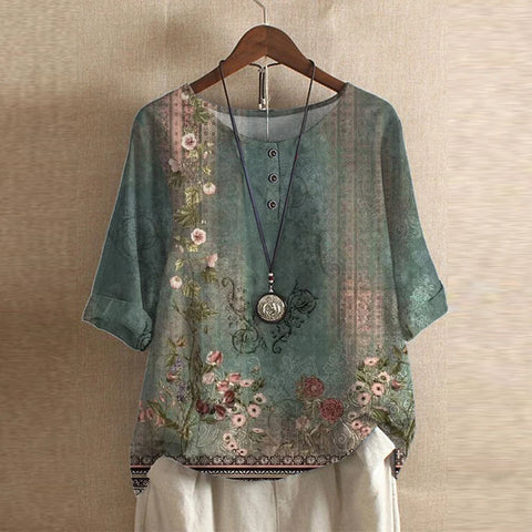 Blusa Boho Stampata da Donna con Maniche a Tre Quarti e Dettaglio Bottoni