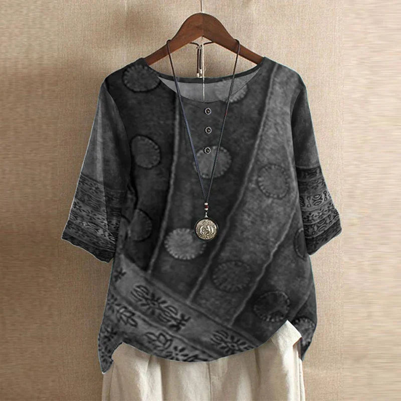 Blusa Boho Stampata da Donna con Maniche a Tre Quarti e Dettaglio Bottoni