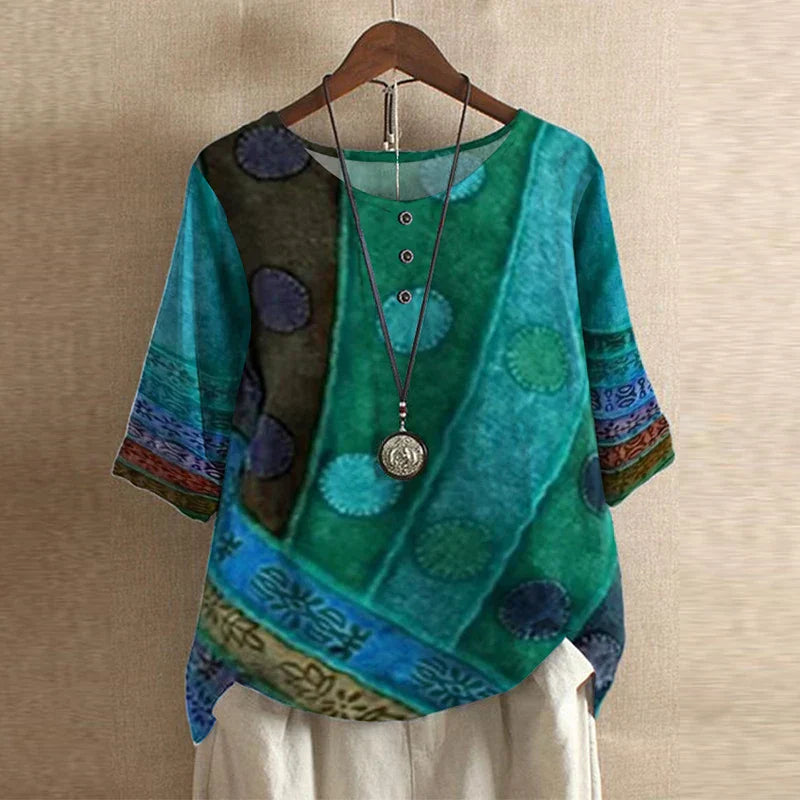 Blusa Boho Stampata da Donna con Maniche a Tre Quarti e Dettaglio Bottoni