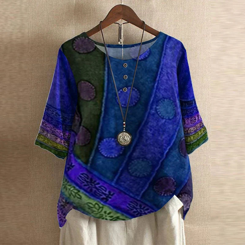 Blusa Boho Stampata da Donna con Maniche a Tre Quarti e Dettaglio Bottoni