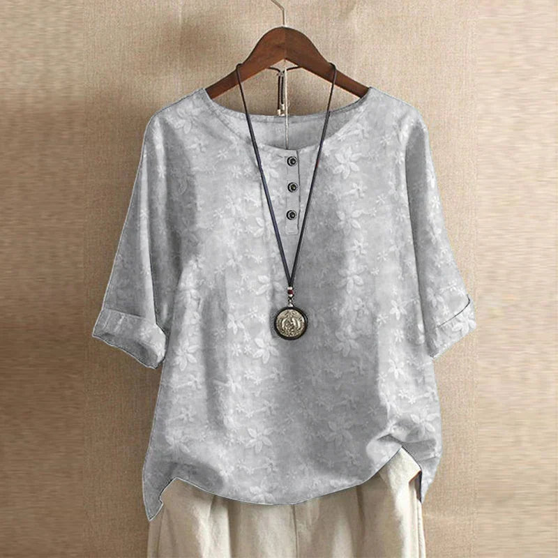 Blusa Boho Stampata da Donna con Maniche a Tre Quarti e Dettaglio Bottoni