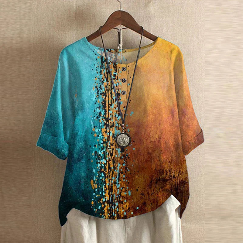 Blusa Boho Stampata da Donna con Maniche a Tre Quarti e Dettaglio Bottoni