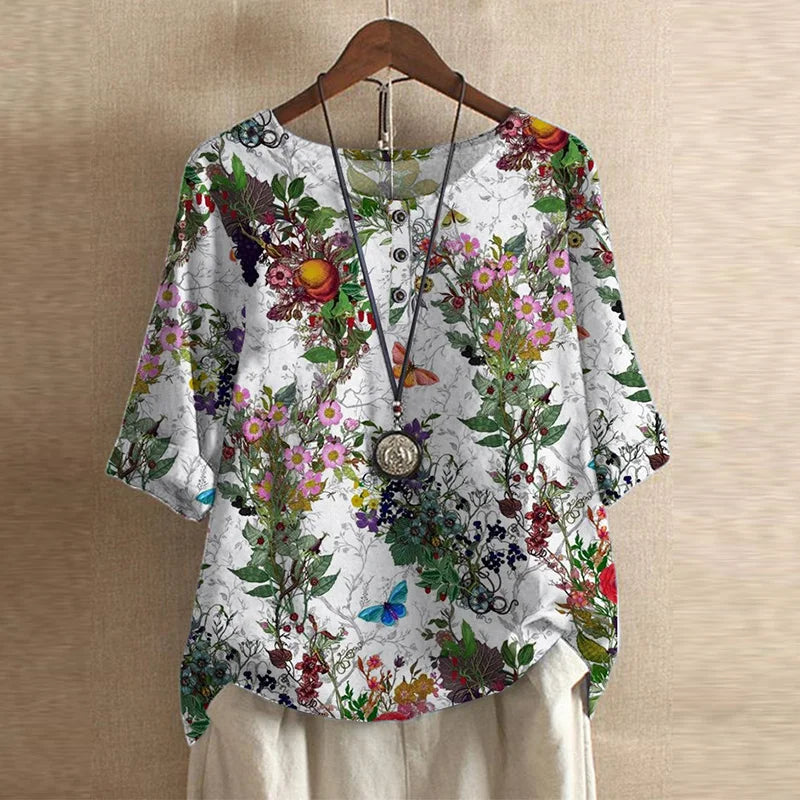 Blusa Boho Stampata da Donna con Maniche a Tre Quarti e Dettaglio Bottoni