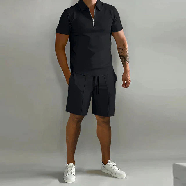 Herren-Poloshirt-Set – Oberteil mit Viertelreißverschluss & Passende Shorts