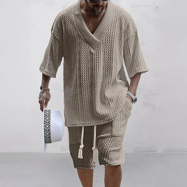Herren Strickset mit Zopfmuster - V-Ausschnitt Oberteil & Shorts mit Kordelzug