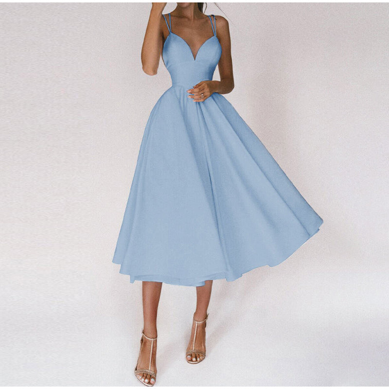 Damen A-Linien Midi Hochzeitsgastkleid Tiefer V-Ausschnitt und Ausgestellter Rock