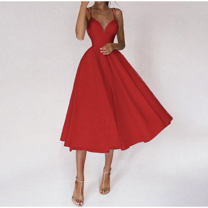 Damen A-Linien Midi Hochzeitsgastkleid Tiefer V-Ausschnitt und Ausgestellter Rock