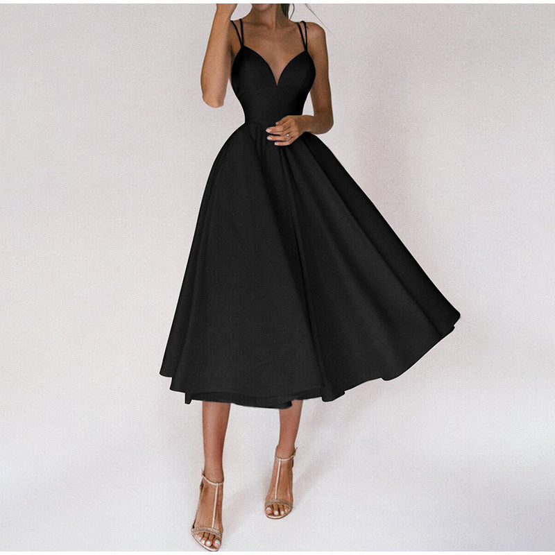 Damen A-Linien Midi Hochzeitsgastkleid Tiefer V-Ausschnitt und Ausgestellter Rock