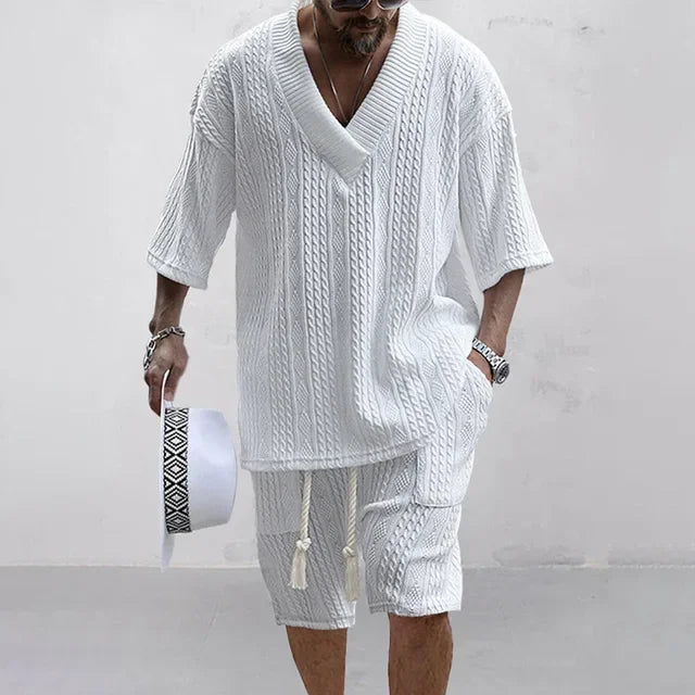 Herren Strickset mit Zopfmuster - V-Ausschnitt Oberteil & Shorts mit Kordelzug