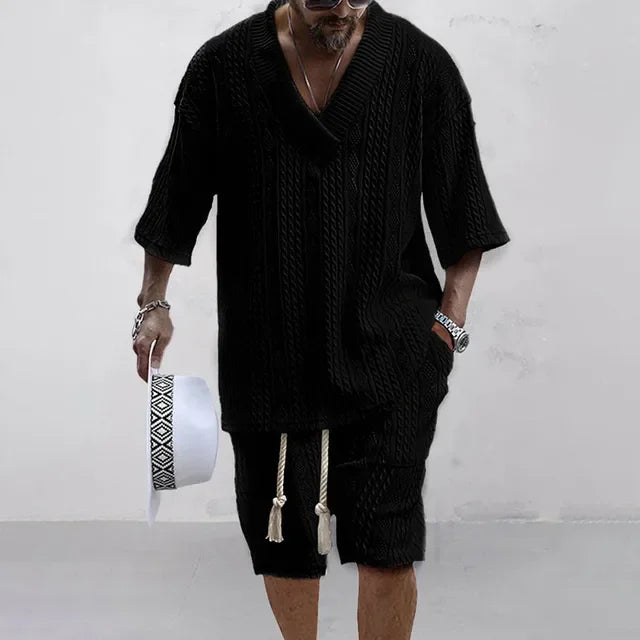Herren Strickset mit Zopfmuster - V-Ausschnitt Oberteil & Shorts mit Kordelzug