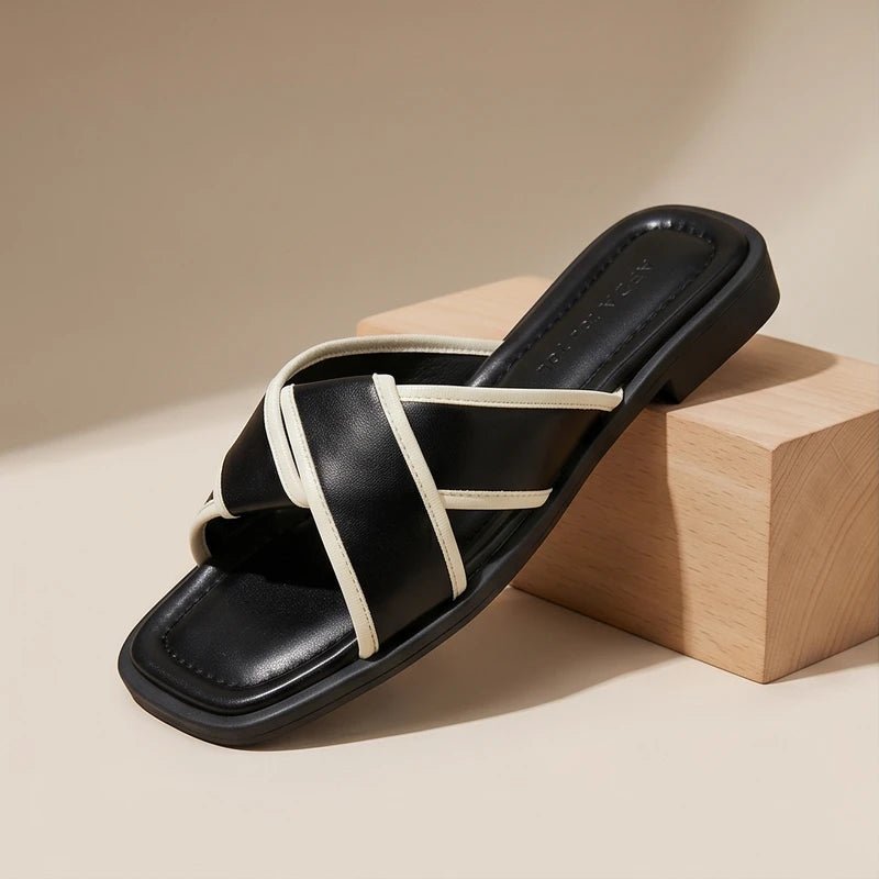 Damen Fisherman Sandalen Leder Kreuzriemen und Gepitertes Eckige Zehenpartie