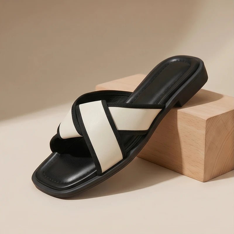 Damen Fisherman Sandalen Leder Kreuzriemen und Gepitertes Eckige Zehenpartie