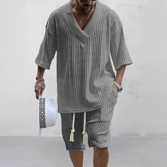Herren Strickset mit Zopfmuster - V-Ausschnitt Oberteil & Shorts mit Kordelzug