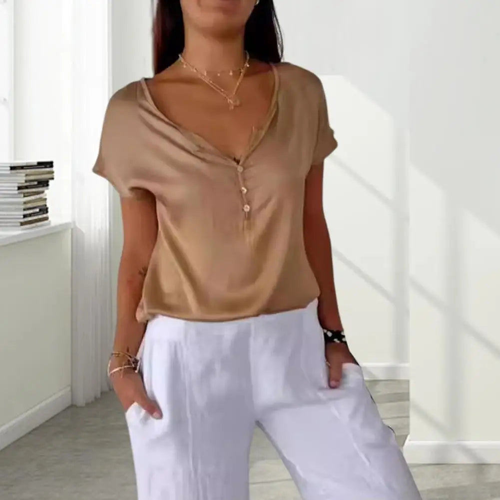 Damen Relaxed-Fit-Oberteil - Henley-Ausschnitt mit Kurzarm
