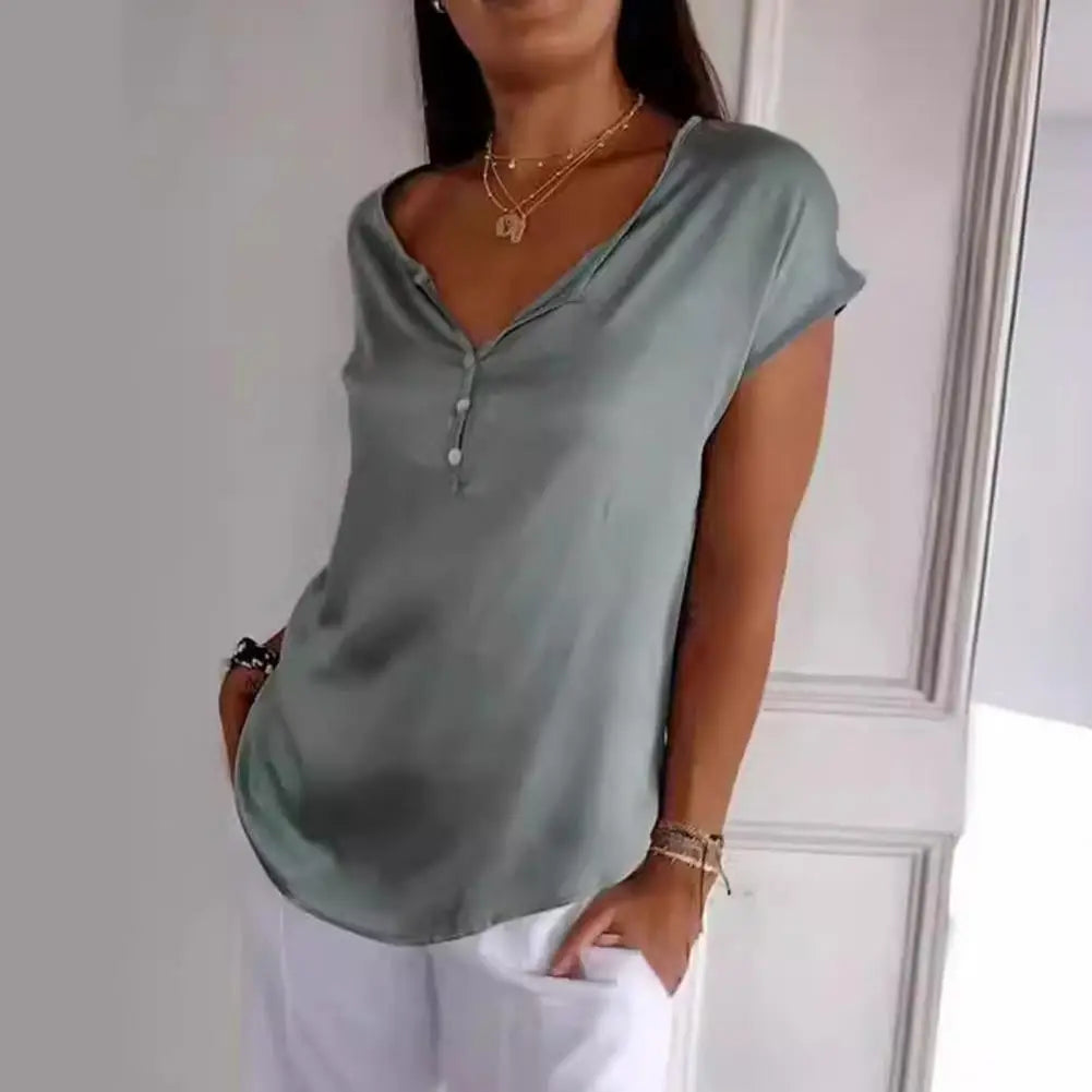 Damen Relaxed-Fit-Oberteil - Henley-Ausschnitt mit Kurzarm