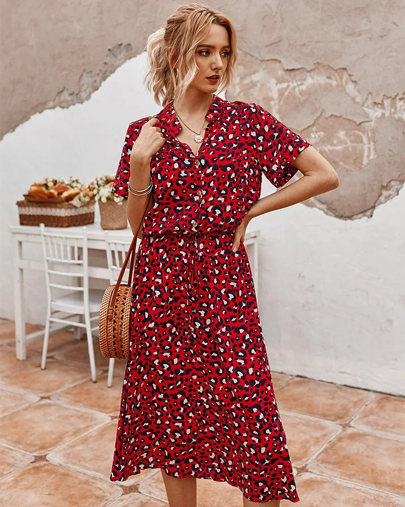 Damen Midikleid Kurze Ärmel Geknöpftes Muster
