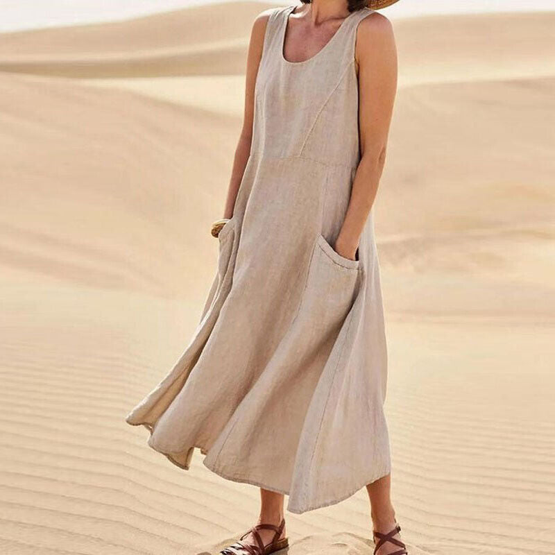 Damen Leinen Midi-Kleid - Ärmellos mit Taschen