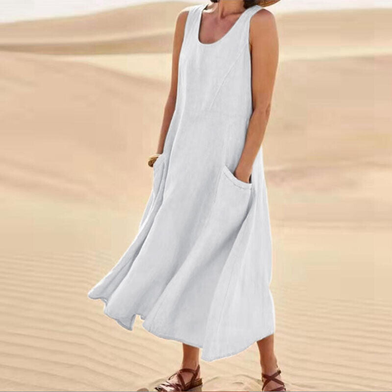 Damen Leinen Midi-Kleid - Ärmellos mit Taschen