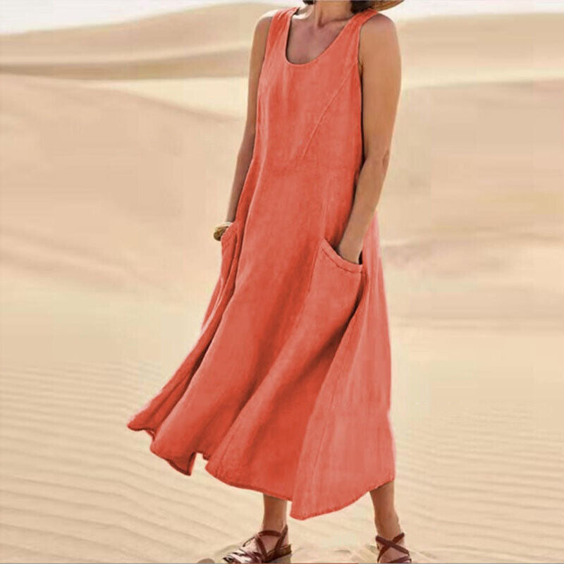 Damen Leinen Midi-Kleid - Ärmellos mit Taschen