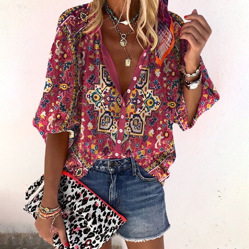 Damen Boho Print Bluse V-Ausschnitt und Knopfleiste