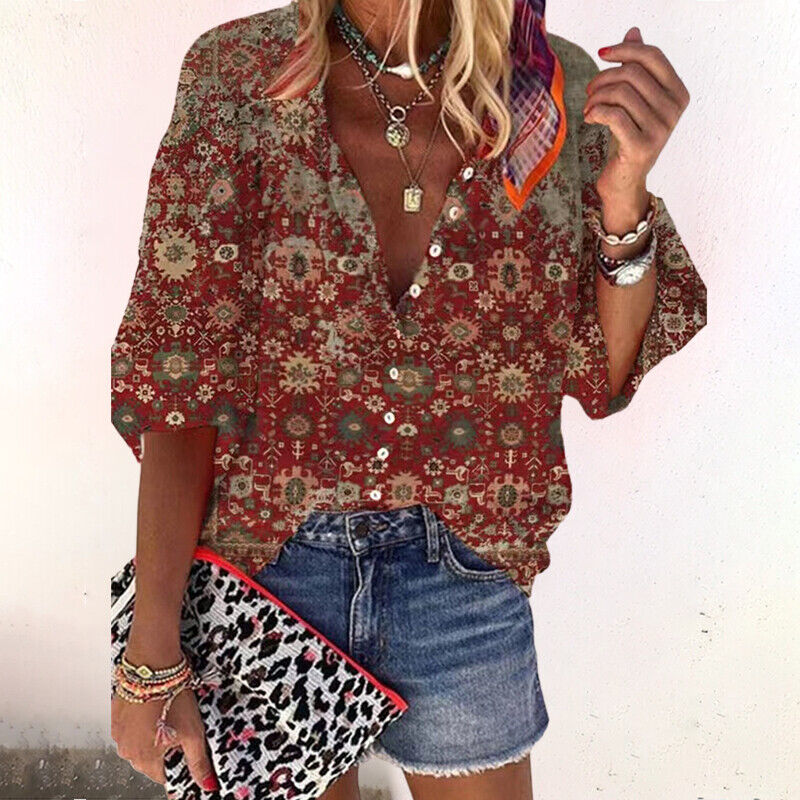 Damen Boho Print Bluse V-Ausschnitt und Knopfleiste