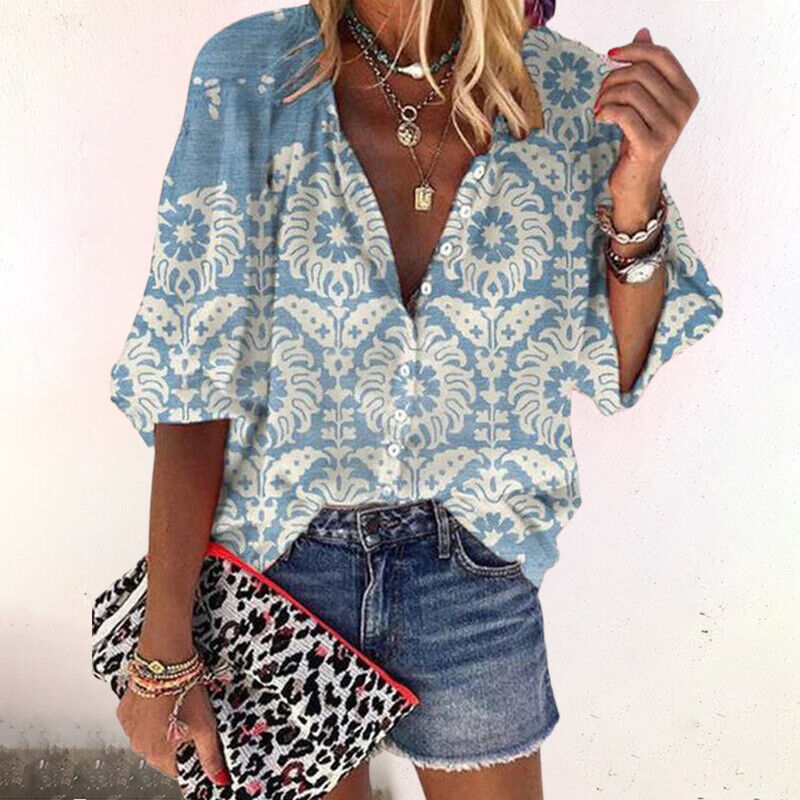 Damen Boho Print Bluse V-Ausschnitt und Knopfleiste