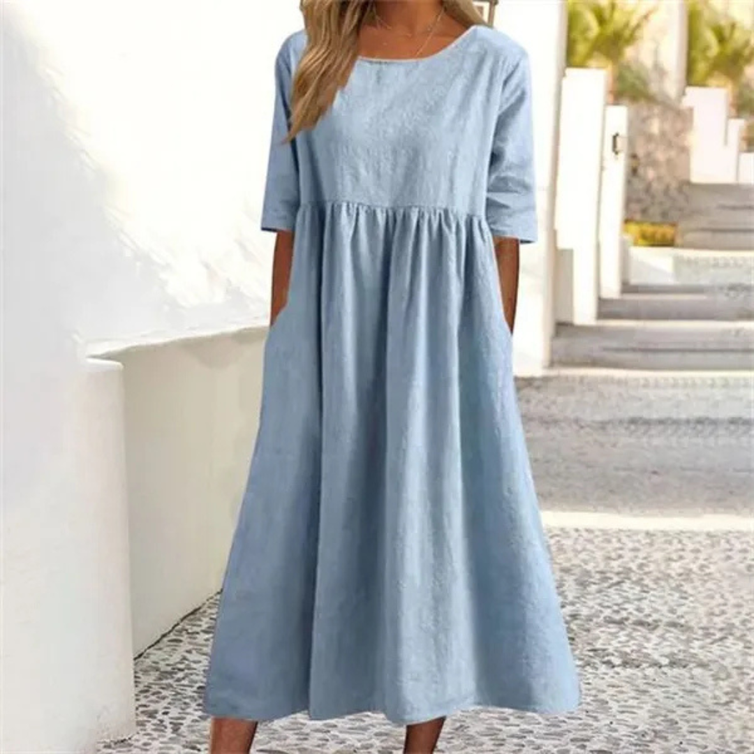 Damen Leinen-Midikleid - Plissee mit 3/4-Ärmeln