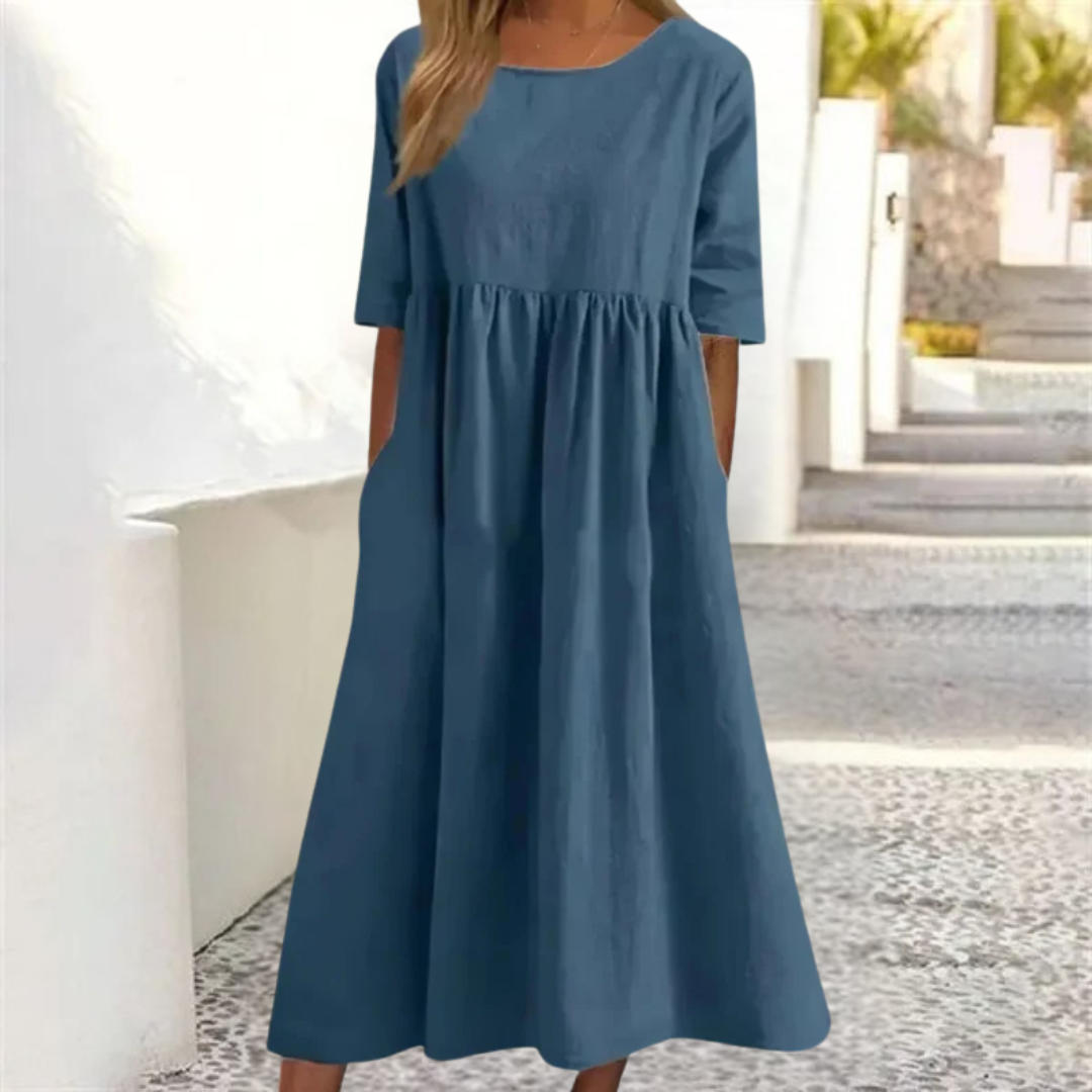Damen Leinen-Midikleid - Plissee mit 3/4-Ärmeln
