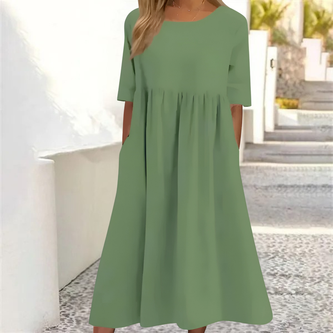 Damen Leinen-Midikleid - Plissee mit 3/4-Ärmeln