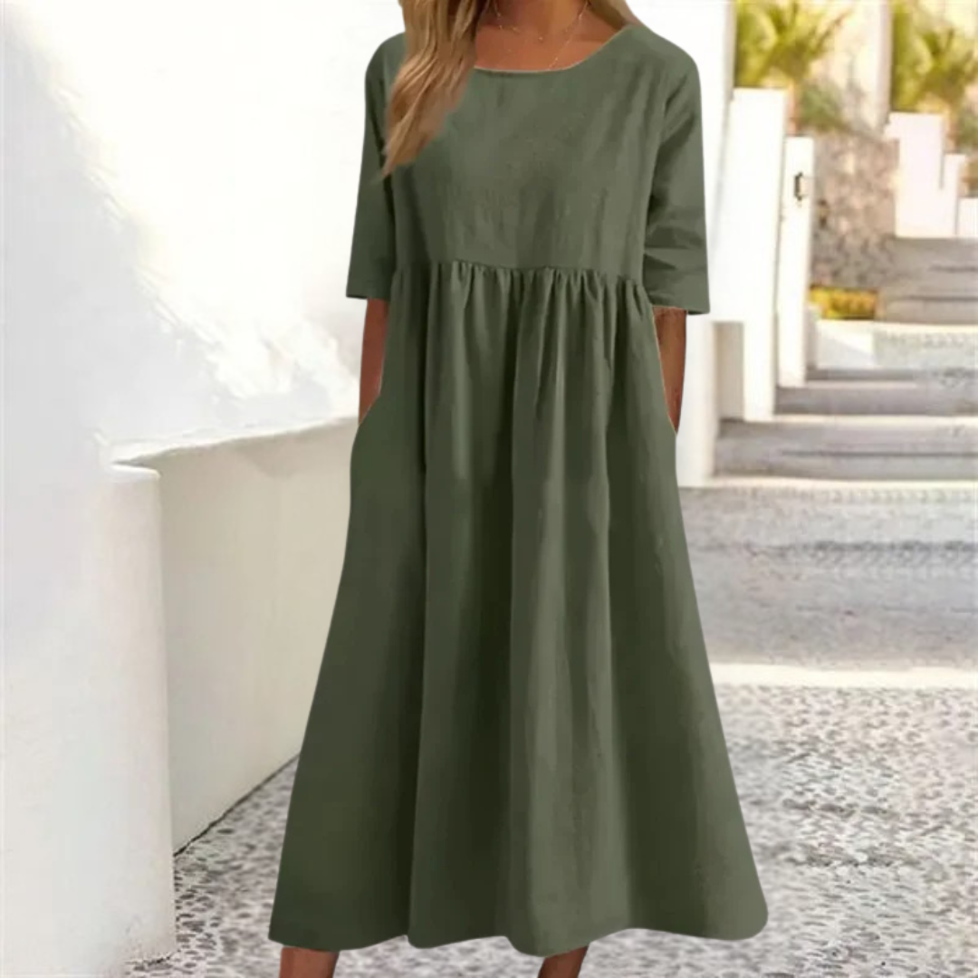 Damen Leinen-Midikleid - Plissee mit 3/4-Ärmeln