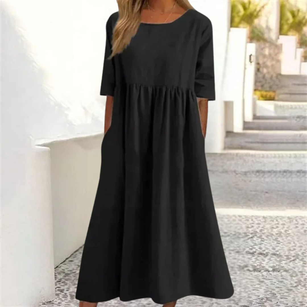 Damen Leinen-Midikleid - Plissee mit 3/4-Ärmeln