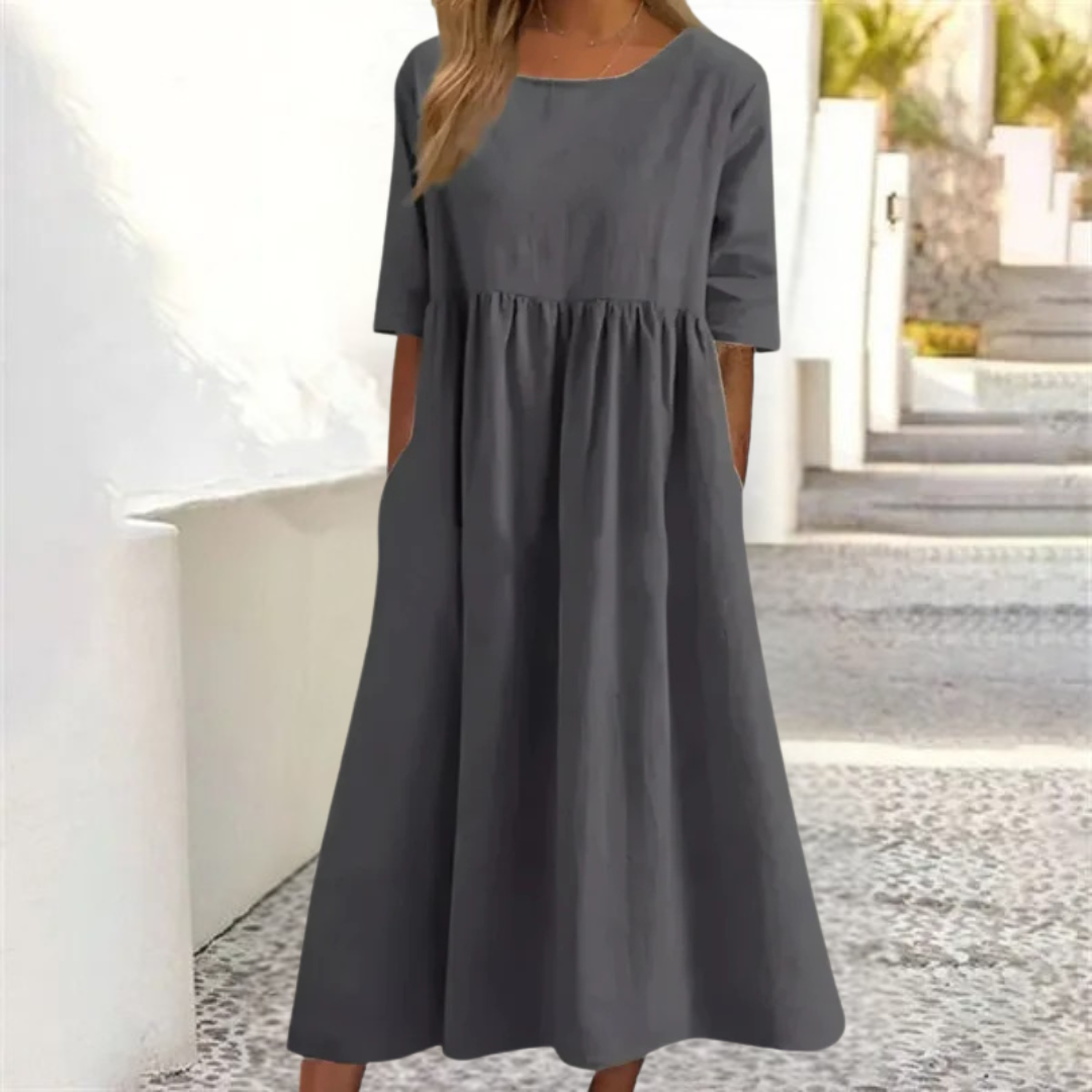 Damen Leinen-Midikleid - Plissee mit 3/4-Ärmeln
