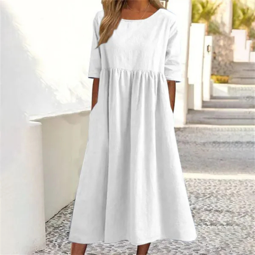 Damen Leinen-Midikleid - Plissee mit 3/4-Ärmeln