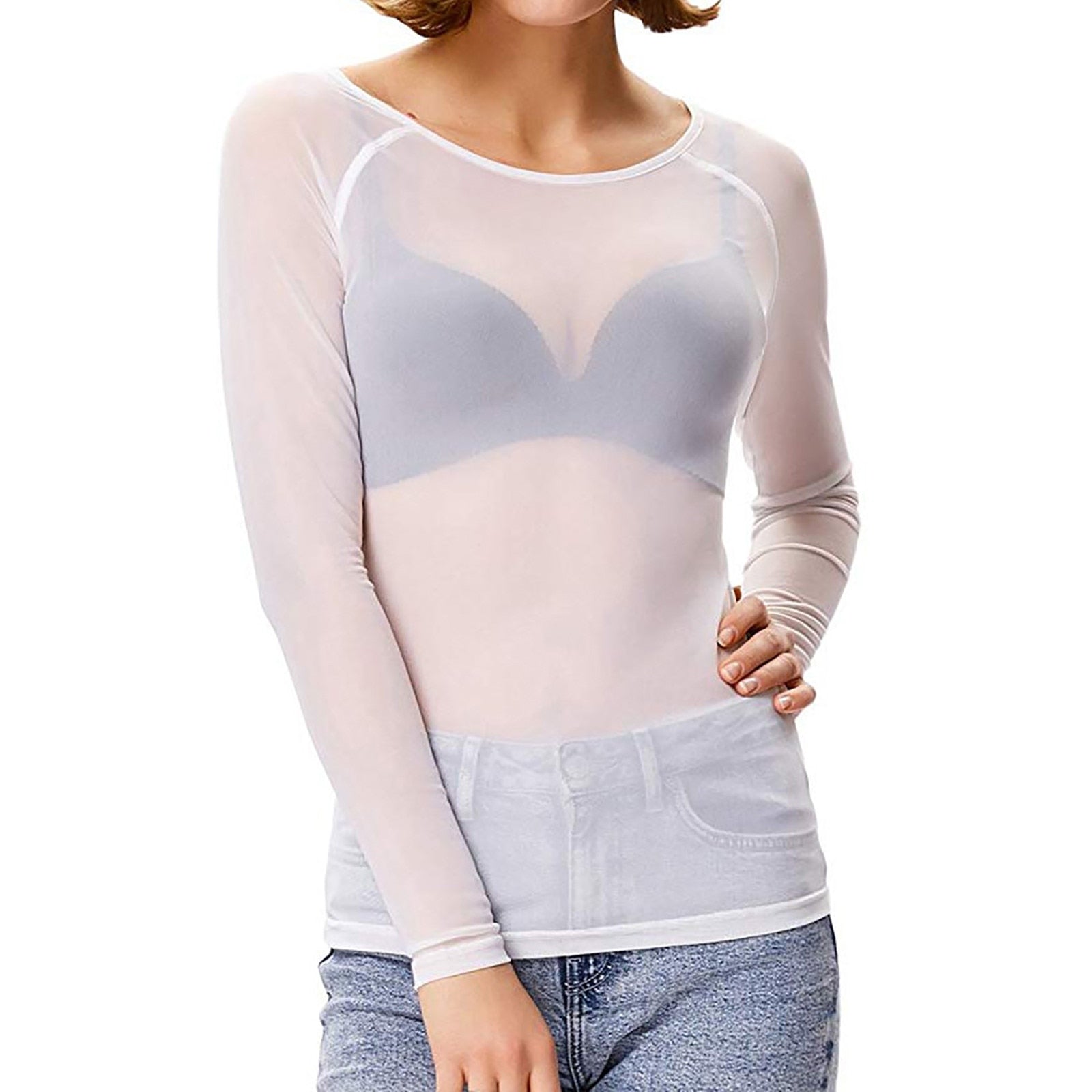 Damen Mesh Top - Durchsichtiger Stil mit langen Ärmeln