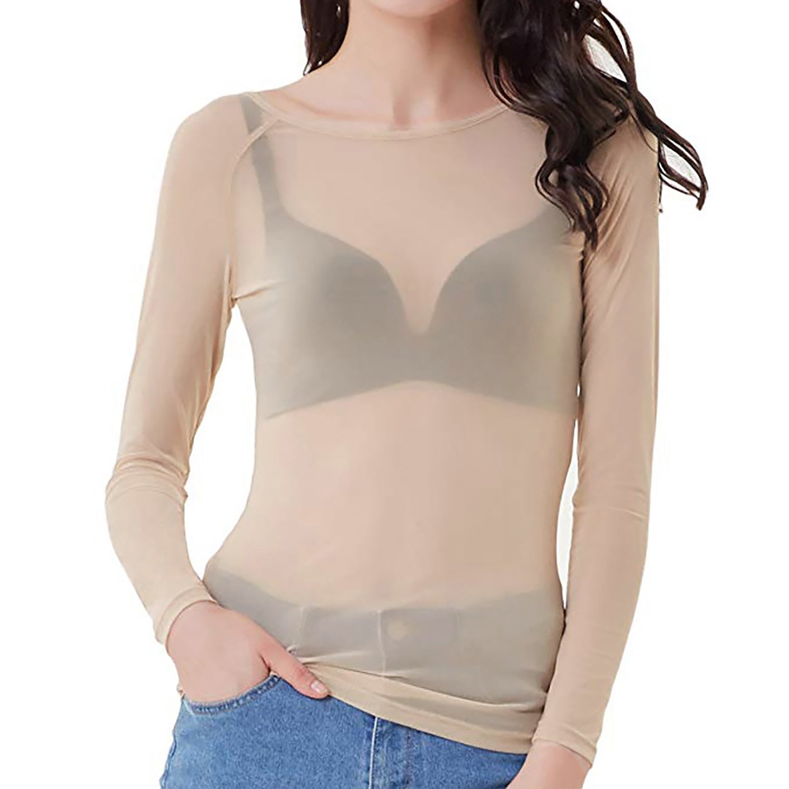 Damen Mesh Top - Durchsichtiger Stil mit langen Ärmeln