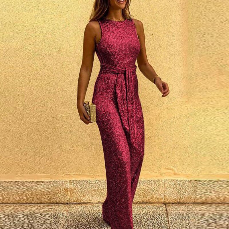 Damen Funkelnder Jumpsuit - Weites Bein mit Bindegürtel