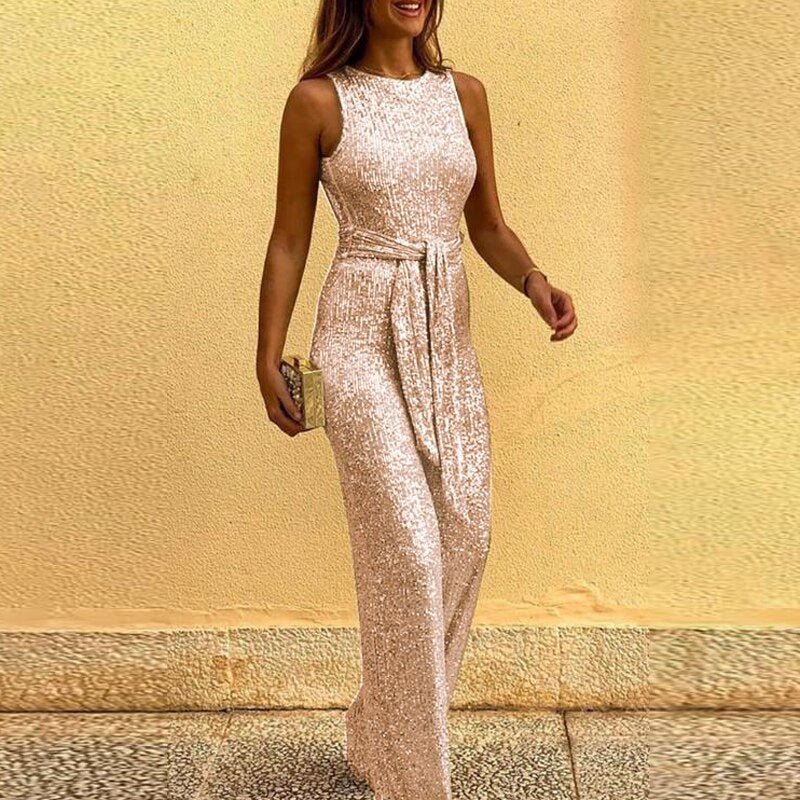 Damen Funkelnder Jumpsuit - Weites Bein mit Bindegürtel