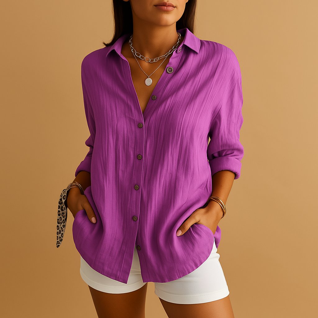 Damen Leinen Hemdbluse Langarm und Entspannte Passform